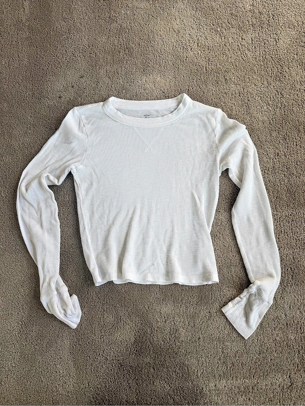 Aerie Unwind Waffle Long Sleeve T-Shirt Ribbed Cropped Crewneck Sweater in White